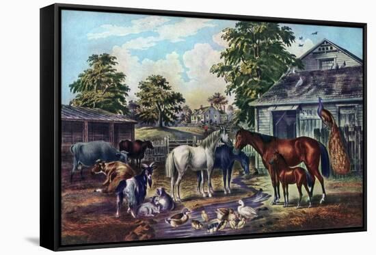 American Farm Yard in the Morning, 1857-Currier & Ives-Framed Stretched Canvas