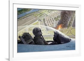 American Fighter Jet Flying over Burning Pentagon-null-Framed Giclee Print