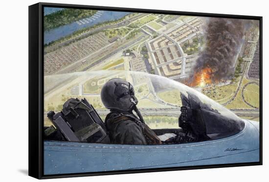 American Fighter Jet Flying over Burning Pentagon-null-Framed Stretched Canvas