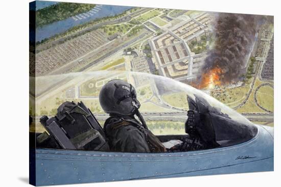 American Fighter Jet Flying over Burning Pentagon-null-Stretched Canvas