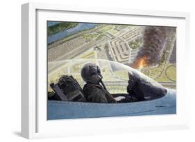 American Fighter Jet Flying over Burning Pentagon-null-Framed Giclee Print