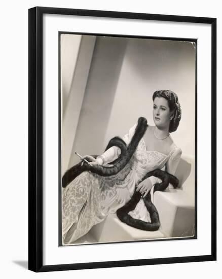 American Film Star Joan Bennett Models a Dress She Wears in Her Latest Picture "Girl Trouble"-null-Framed Art Print