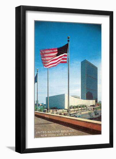 American Flag and United Nations Buildings, New York City-null-Framed Art Print