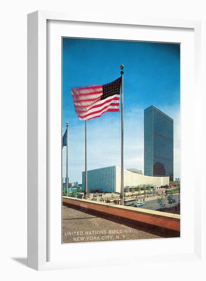 American Flag and United Nations Buildings, New York City-null-Framed Art Print