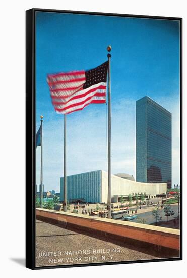 American Flag and United Nations Buildings, New York City-null-Framed Stretched Canvas