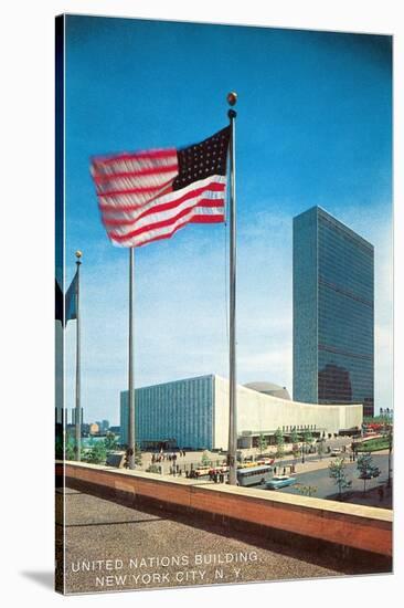 American Flag and United Nations Buildings, New York City-null-Stretched Canvas