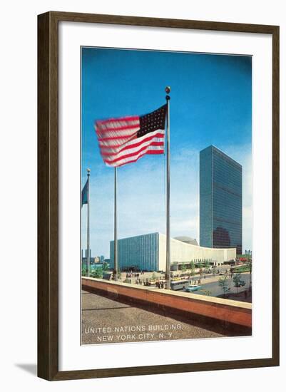 American Flag and United Nations Buildings, New York City-null-Framed Art Print