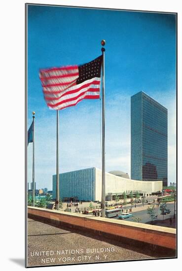 American Flag and United Nations Buildings, New York City-null-Mounted Art Print