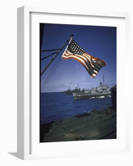 American Flag Flying over Us Navy Ships at Sea-null-Framed Photographic Print