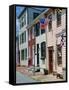 American Flag on Wooden Buildings on a Street in Annapolis, Maryland, USA-Hodson Jonathan-Framed Stretched Canvas