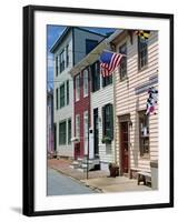 American Flag on Wooden Buildings on a Street in Annapolis, Maryland, USA-Hodson Jonathan-Framed Photographic Print