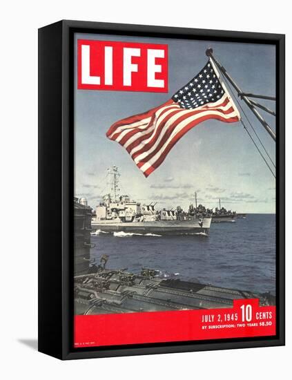 American Flag over US Ships at Sea, July 2, 1945-Eliot Elisofon-Framed Stretched Canvas
