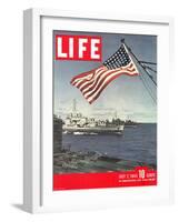 American Flag over US Ships at Sea, July 2, 1945-Eliot Elisofon-Framed Photographic Print