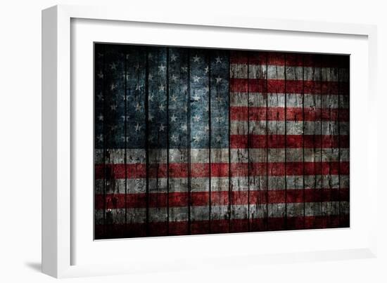 American Flag Painted On Fence Background-alexfiodorov-Framed Art Print