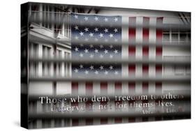 American Flag Through Window Blinds in Philadelphia, PA with Abraham Lincoln Quote-null-Stretched Canvas