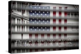 American Flag Through Window Blinds in Philadelphia, PA with Abraham Lincoln Quote-null-Stretched Canvas