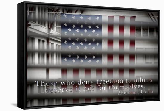 American Flag Through Window Blinds in Philadelphia, PA with Abraham Lincoln Quote-null-Framed Stretched Canvas