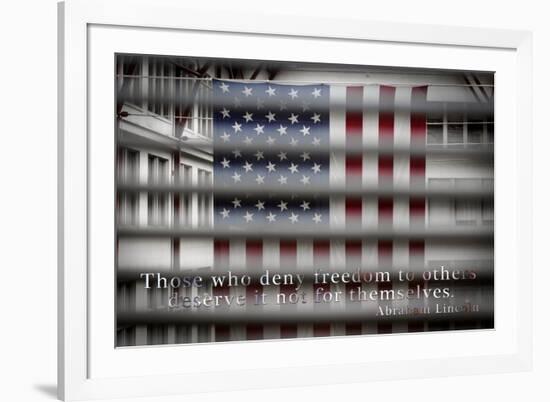 American Flag Through Window Blinds in Philadelphia, PA with Abraham Lincoln Quote-null-Framed Photo