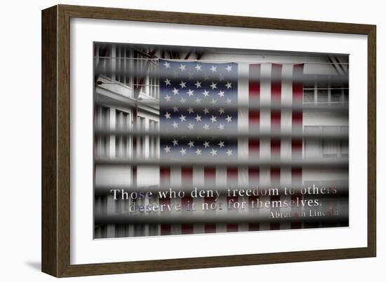 American Flag Through Window Blinds in Philadelphia, PA with Abraham Lincoln Quote-null-Framed Photo