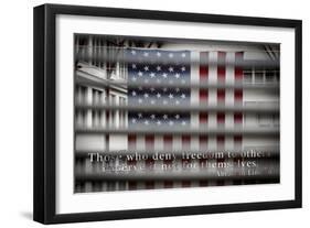 American Flag Through Window Blinds in Philadelphia, PA with Abraham Lincoln Quote-null-Framed Photo