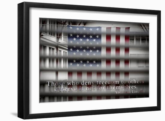 American Flag Through Window Blinds in Philadelphia, PA with Abraham Lincoln Quote-null-Framed Photo