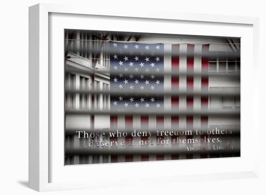 American Flag Through Window Blinds in Philadelphia, PA with Abraham Lincoln Quote-null-Framed Photo