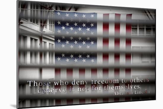 American Flag Through Window Blinds in Philadelphia, PA with Abraham Lincoln Quote-null-Mounted Photo