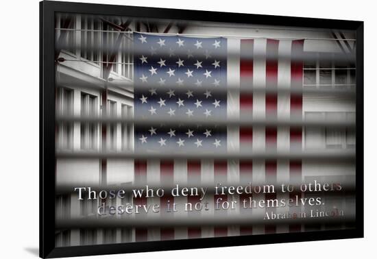 American Flag Through Window Blinds in Philadelphia, PA with Abraham Lincoln Quote-null-Framed Photo