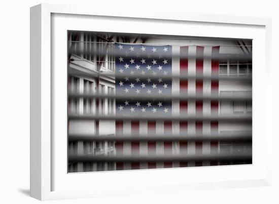 American Flag Through Window Blinds in Philadelphia, PA-null-Framed Photo