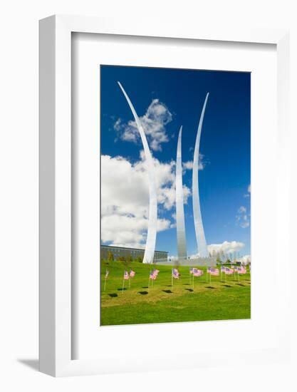 American flags at base of three soaring spires of the Air Force Memorial at One Air Force Memori...-null-Framed Photographic Print