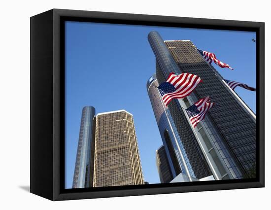 American Flags, General Motors Corporate Headquarters, Renaissance Center, Detroit, Michigan, Usa-Paul Souders-Framed Stretched Canvas