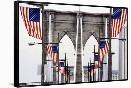American Flags Lining Brooklyn Bridge-null-Framed Stretched Canvas