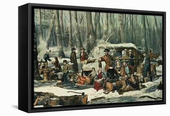 American Forest Scene, Maple Sugaring, 1856-Currier & Ives-Framed Stretched Canvas