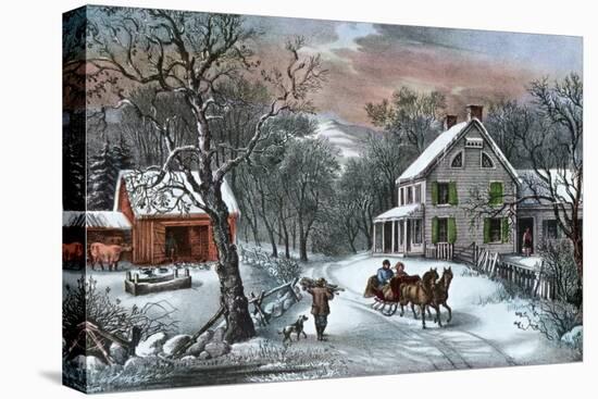 American Homestead in Winter, 1868-Currier & Ives-Stretched Canvas