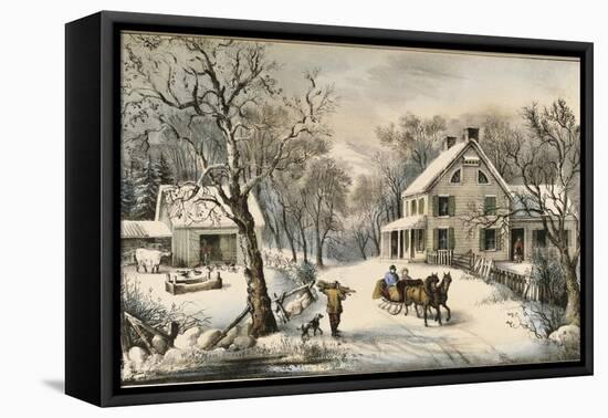 American Homestead Winter-Currier & Ives-Framed Stretched Canvas