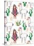 American Indian Girl in Traditional Poncho and Her Best Friend - Llama-KaterinaS-Stretched Canvas