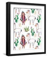 American Indian Girl in Traditional Poncho and Her Best Friend - Llama-KaterinaS-Framed Art Print