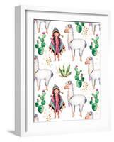 American Indian Girl in Traditional Poncho and Her Best Friend - Llama-KaterinaS-Framed Art Print