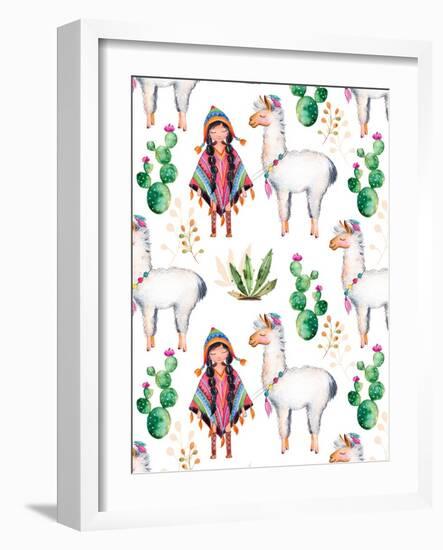 American Indian Girl in Traditional Poncho and Her Best Friend - Llama-KaterinaS-Framed Art Print