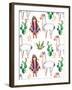 American Indian Girl in Traditional Poncho and Her Best Friend - Llama-KaterinaS-Framed Art Print