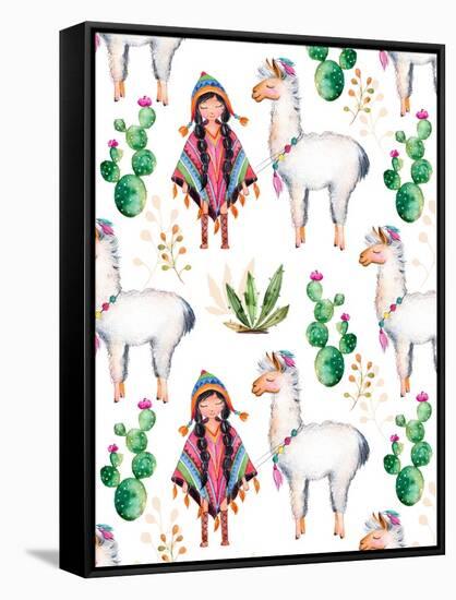 American Indian Girl in Traditional Poncho and Her Best Friend - Llama-KaterinaS-Framed Stretched Canvas