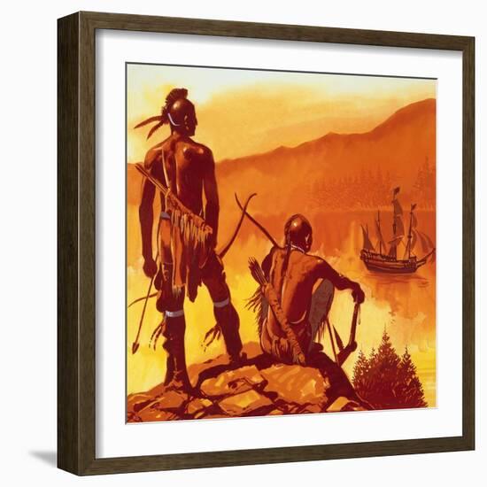 American Indians Looking at Invaders' Ship-English School-Framed Giclee Print