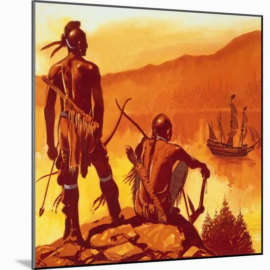 American Indians Looking at Invaders' Ship-English School-Mounted Giclee Print