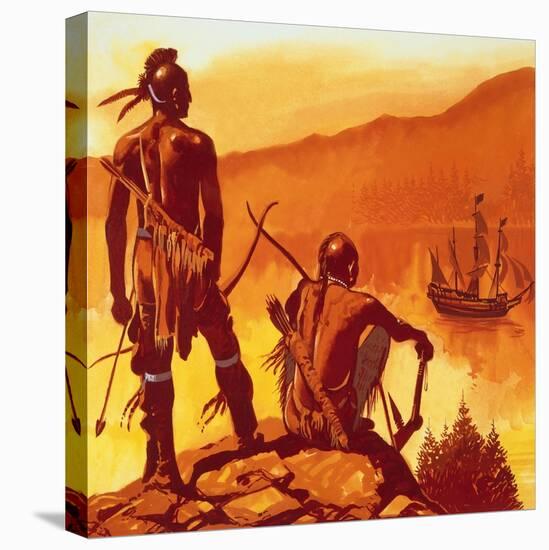 American Indians Looking at Invaders' Ship-English School-Stretched Canvas