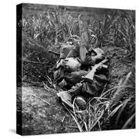 American Infantryman Terry Moore Taking Cover; Japanese Artillery Fire Explodes Nearby During-W^ Eugene Smith-Stretched Canvas