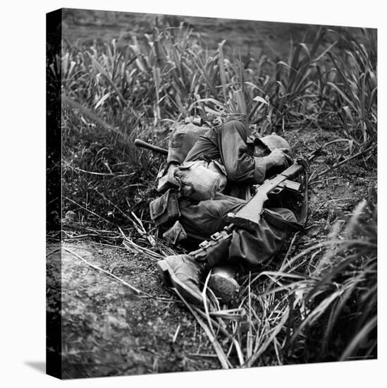 American Infantryman Terry Moore Taking Cover; Japanese Artillery Fire Explodes Nearby During-W^ Eugene Smith-Stretched Canvas