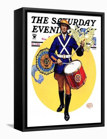 "American Legion Drummer," Saturday Evening Post Cover, October 7, 1933-Edgar Franklin Wittmack-Framed Stretched Canvas