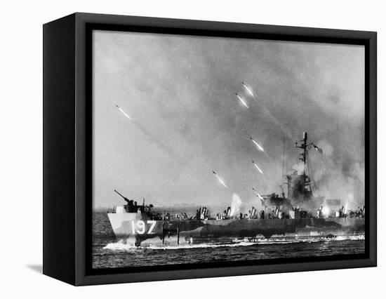 American LSM-R Launches Rockets at Okinawa-null-Framed Stretched Canvas