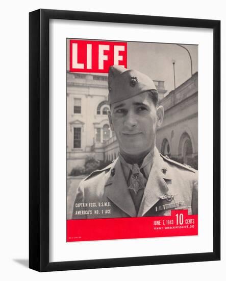 American Marine Ace Pilot Captain Joe Foss Wearing his Medal of Honor, June 7, 1943-Myron Davis-Framed Photographic Print