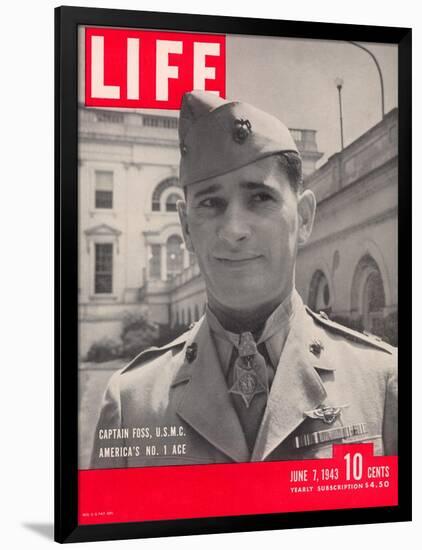 American Marine Ace Pilot Captain Joe Foss Wearing his Medal of Honor, June 7, 1943-Myron Davis-Framed Photographic Print